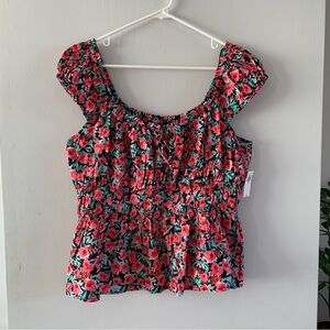 Peasant Blouse Smocked Bodice Short Sleeve Top Red Floral Size XL Old Navy